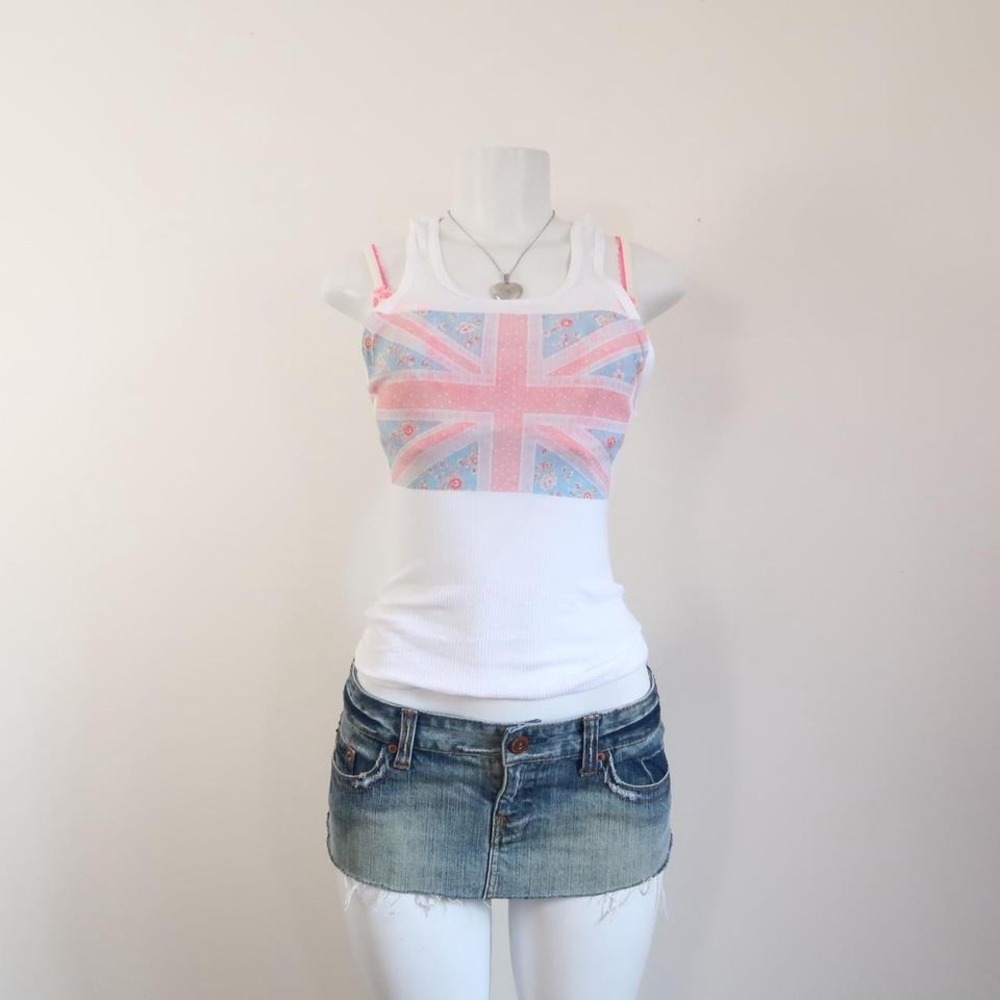 y2k union jack floral graphic tank top ribbed fitted cami - Picture 2 of 7